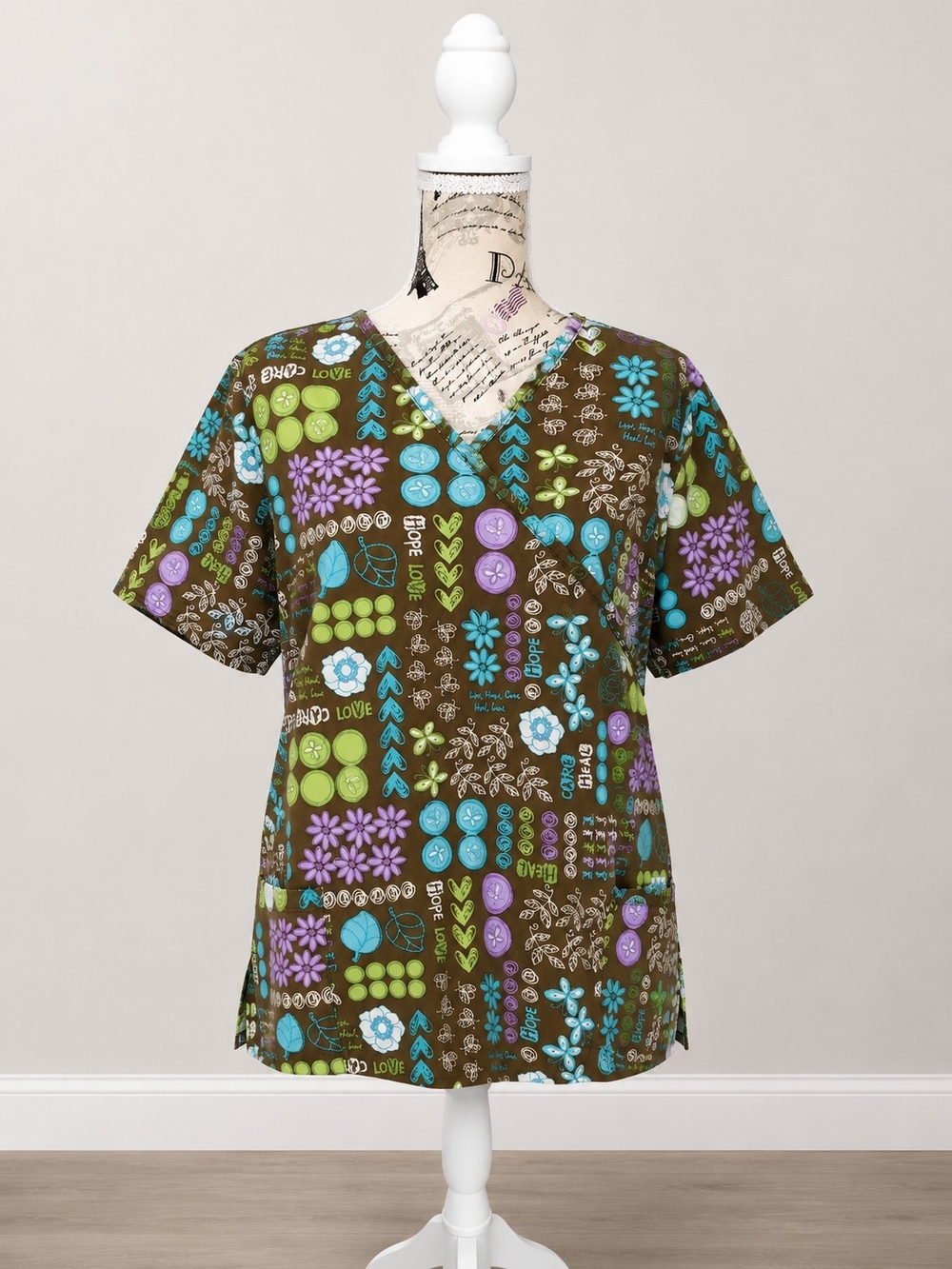 Scrubs Women's V-Neck Tunic in Brown with Aqua, Lime & Lavender Print